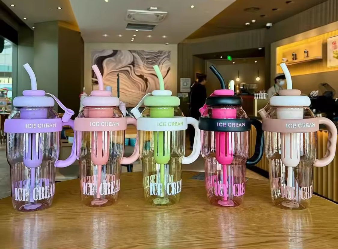 1300ml Ice Cream Water Bottle with Straw & Handle | Large Capacity Cute Milkshake Cup | Portable Smoothie & Juice Tumbler for Kids & Adults