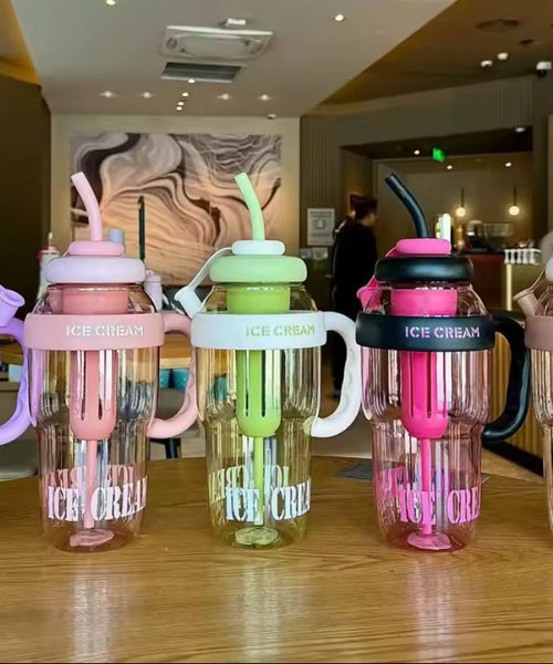 1300ml Ice Cream Water Bottle with Straw & Handle | Large Capacity Cute Milkshake Cup | Portable Smoothie & Juice Tumbler for Kids & Adults